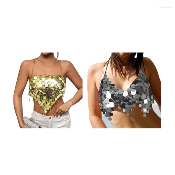 Tanques de mujer Y166 Mujeres Glitter Lentejuelas Halter Bra Sin respaldo Borlas Dobladillo Cuerpo Cadena Camisola