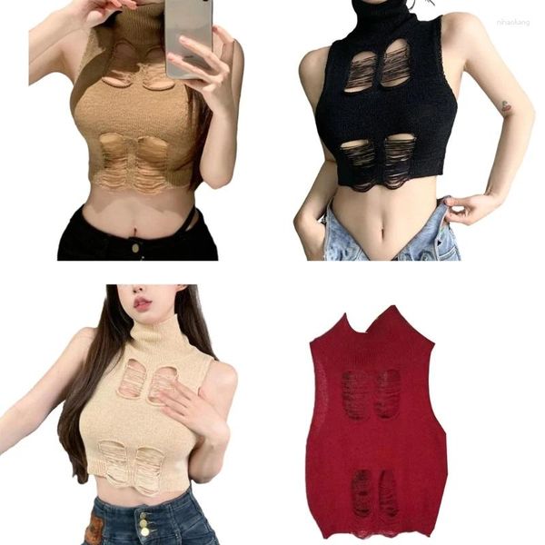 Tanks pour femmes Y166 Femmes Sexy Sans manches Hollow Out Sweater Ripped Gile Vest Cropleneck Crop Top