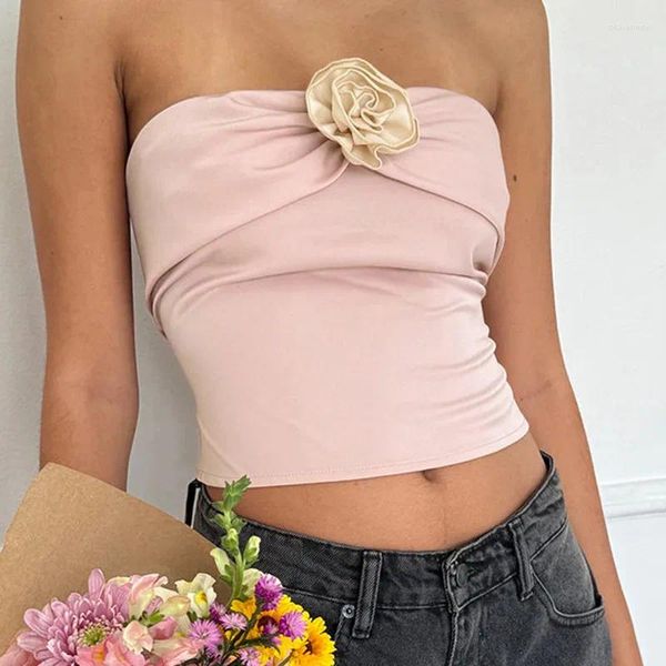 Tanks pour femmes y2k 3d décoration de fleur top top rose coquette coquette esthétique mince tops sans bretelles