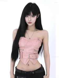 Tanks pour femmes Y2K Esthétique Off Épaule Sexy Tube PU Slim Mode coréenne Sans manches Tops courts Femmes Chaîne Zipper Patchwork Casual Tank