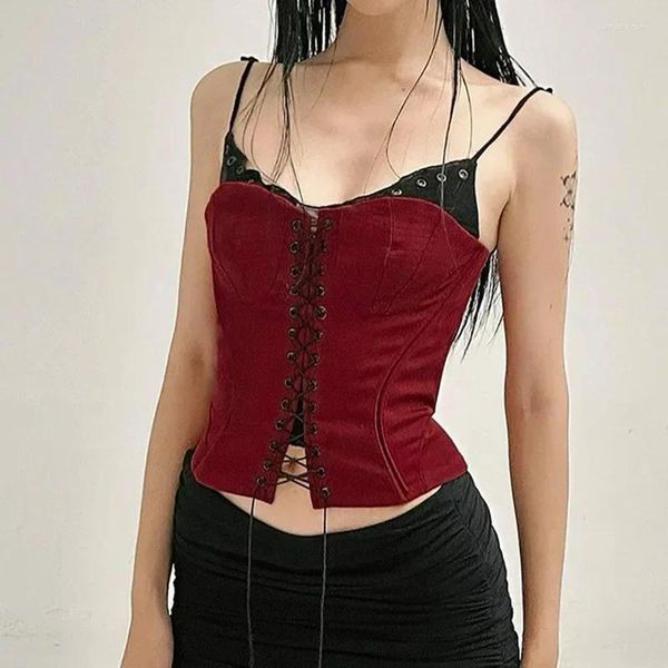 Tanks pour femmes Y2K Bandage patchwork Red Camis Top Gothic Dark Slim Slash Neck Sans Sans débardeur