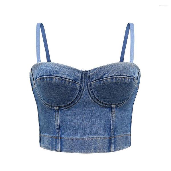 Tanques de mujer Y2k Ropa Corsé Top de una pieza para mujeres Lencería femenina Sexy Denim Suspender Chaleco Tanque Blanco Cultivo Corto Slim Sin respaldo Bra