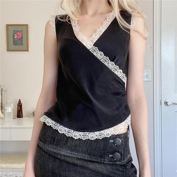 Tanks pour femmes Y2K Fée Grunge Top Femmes Vêtements Dentelle Patchwork V Cou Sans Manches Bébé Tees 2000s Esthétique Vintage Vêtements Streetwear