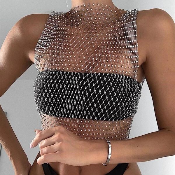 Tanks pour femmes Y2K Résille Strass Crop Top Femme 2024 Été Sexy Mesh Tank Net Voir à travers Rave Vest Diamond Fashion NightClub Vêtements