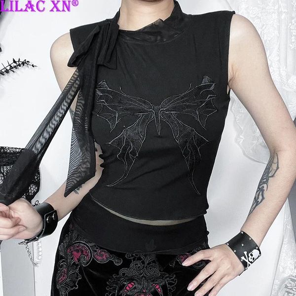 Tanks pour femmes Y2K Goth Black Lace-Up Butterfly Broidery Tops Vintage Aestage Lace Mesh Corset Cropet Femme Summer Fashion Top