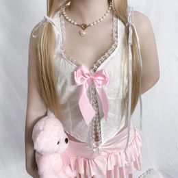 Débardeurs pour femmes Y2K Japonais Lolita Style Débardeur Blanc Dentelle Bord Arc Décorer Kawaii Sans Manches Tops Coquette Doux Filles Fente Mignon Camis