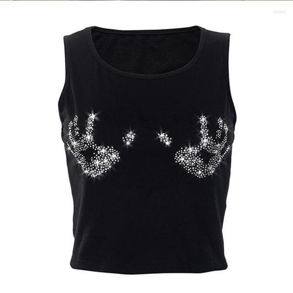 Débardeurs pour femmes Y2k Strass Paume Graphique Noir Gilet Style Goth O-cou Sans Manches Crop Top Femmes Tight Corset Tees 90s Vintage Punk Tank