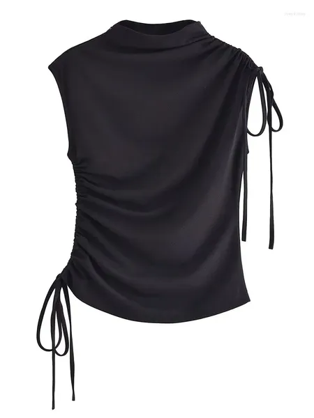 Tanks pour femmes Y2K Sexy Noir Sans manches pour femmes Ruché Bow Tie Zipper Side Slim Vest 2024 Femme Summer Fashion Casual Crop Top