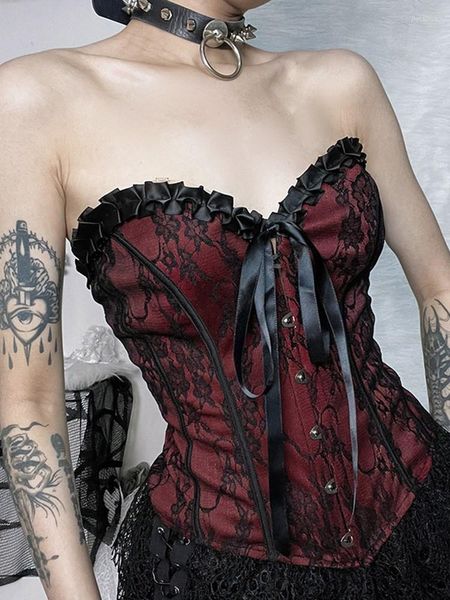 Débardeurs pour femmes Y2K Sexy Rouge Dentelle Garniture Camisoles Débardeurs Pour Femmes Filles Goth Vintage Élégant À Lacets Dos Nu Court Corset Crop Fée Grunge