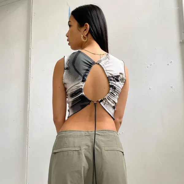 Tanks pour femmes Y2K Streetwear Sexy Débardeur Creux Out Slim Fit Crop Impression Tops sans manches Femmes Vêtements 2023 Summer Fashion Tees