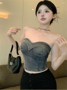 Dames Tanks Y2k Sweet Girl Slash Neck Short Camis Sexy Off Shoulder Little Denim Camisole Vest Vintage Strapless Slim Tank Top Sharper