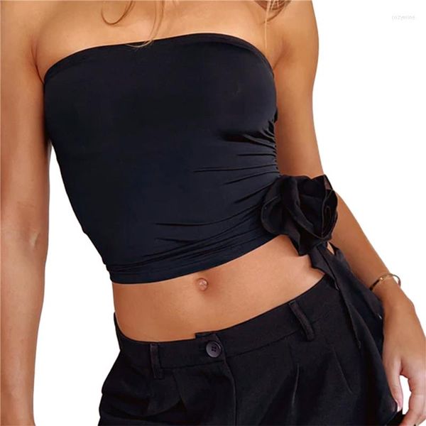 Débardeurs pour femmes Y2k Tube Top Fée Grunge Vêtements Années 2000 Femmes Couleur Unie Sans Bretelles Sans Manches Bandeau À Volants Avec Rosette 3D Chemises Slim Fit