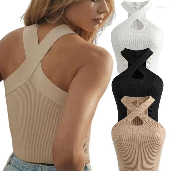 Tanks pour femmes Y2K Gilet Halter Femmes Sport Cross Sexy Crop Tops Strappy Tricoté Épaule Col V Solide Dos Nu Sans Manches Top Camisole