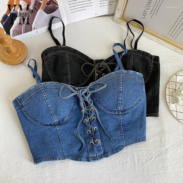 Débardeurs femme YornMona Ins mode pansement Denim Sexy Camis hauts femmes noir bleu Streetwear sangle jean court Chic dames chemises