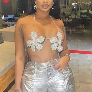 Tanks pour femmes votre courbe de bosse sexy Fleurée de fleur Crystal Hollow Halter Single Boucle Ultra Short Top Beach Vacation Richestones