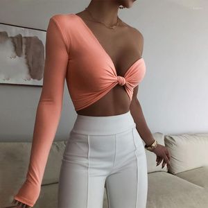 Camisetas sin mangas para mujer YUZHEXI de manga larga con un hombro al descubierto, Tops cortos con nudo para mujer, sujetador ajustado bonito de verano, Top Y2k, ropa de calle de moda de Color sólido