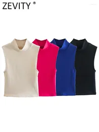 Tanques de mujer Zevity Mujeres Chic Medio Cuello Alto Color Sólido Chaleco Sin Mangas Camis Tank Lady Summer Slim Knitting T Shirt Tops LS2750