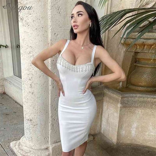 Femmes Tassel Deep V Neck Dress Spaghetti Strap Sans Manches Mini Sexy Nightclub Party Bodycon Bandage 210527