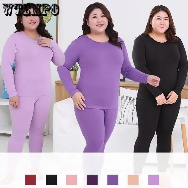 Sous-vêtements thermiques pour femmes Grande taille longs Johns femmes sous-vêtement thermique costume 2 pièces chaud couleur unie corps en forme mince dames ensembles intimes femme pyjamas 231127