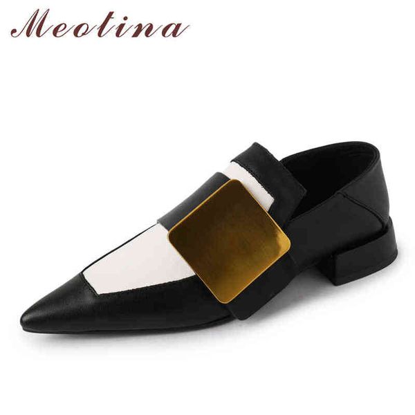 Zapatos de tacón alto de suela gruesa para mujer, zapatos de cuero auténtico con decoración de metal, punta estrecha, negro 2 9