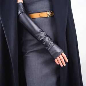 Guantes de conducción de cuero sintético para mujer, manopla larga y fina, sin dedos, cálidos, para invierno, medio dedo, manga para brazo, club nocturno, pantalla táctil, 323x