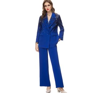 Ensembles de pantalons trois pièces pour femmes, col cranté, manches longues, blazers à paillettes avec jambes larges, pantalon Maxi, ensembles Twinset de styliste de mode