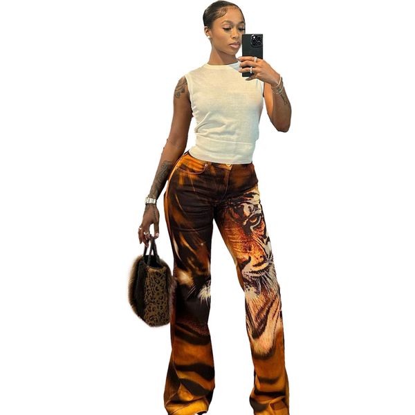 Pantalon évasé imprimé tigre pour femmes, tendance d'été Y2K, slim, élastique, sauvage, décontracté, Streetwear, basique, taille haute