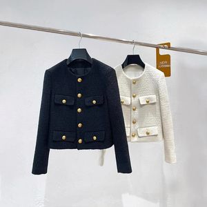 Dames topjassen nieuwe lente herfst tweed jas jas mode gouden knop wollen zwarte korte bovenkleding