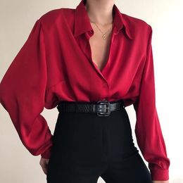 Top Office pour femmes chemise boutonnée sexy à manches longues pour femmes chemise OLT lâche haut ample chemise en dentelle rouge pour femmes chemise à revers pour femmes à col haut T-shirt à manches longues