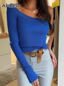 Hauts pour femmes Abdieso une épaule côtelé tricoté haut court femmes 2021 bleu Lon T220823