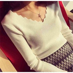 Dames Tops Zomer Koreaanse versie van de Sweater Wave V-hals Lange mouwen Bottoming Shirt 210520