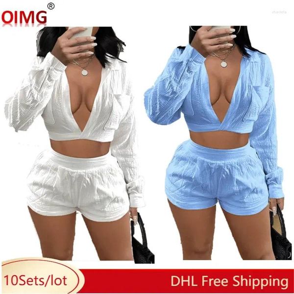 Survêtements pour femmes 10 tenues en gros printemps femmes deux pièces ensembles XS à manches longues col en V veste top shorts correspondant décontracté solide 9946