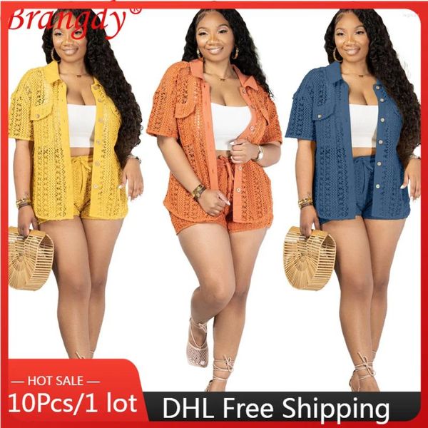 Trajes de mujer 10sets Artículos a granel Lotes al por mayor Moda Ropa de verano Conjuntos de dos piezas Outifits para mujer Sexy Cardigan Lace Hollow Shorts