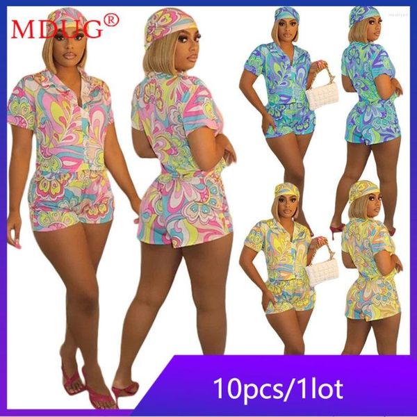 Chándales de mujer 10sets Verano Impreso con diadema Mujer Sexy Camisa de un solo pecho Pantalones cortos Conjuntos de 2 piezas Trajes Y2k Venta al por mayor M11769