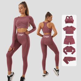 Survêtements pour femmes 2/3/5 pièces sans couture femmes Yoga ensemble entraînement Sportswear vêtements de sport soutien-gorge de Sport à manches longues haut court taille haute Leggings Fitness costume 230721