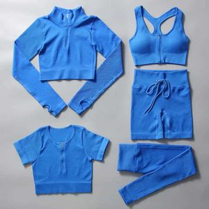 Survêtements pour femmes 2/3/5 pièces sans couture femmes yoga ensemble vêtements de sport vêtements de sport coupe haut tige de traction fermeture éclair vêtements de sport à manches longues J240305