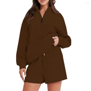 Survêtements pour femmes 2 pièces / ensemble femmes automne sweat-shirt shorts ensemble lâche fermeture à glissière col à manches longues taille élastique cordon de serrage dame