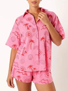 Survêtements pour femmes 2 pièces Chic Chemise à manches courtes Ensembles amples Mode Revers imprimé Plage Tenues de vacances Femmes Casual Robes