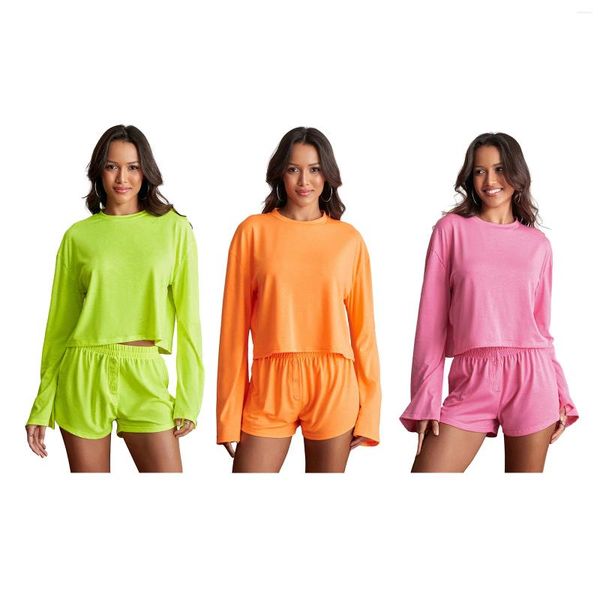 Chándal para mujer Conjunto de pijama de 2 piezas Cuello redondo Manga larga Tops holgados Cintura elástica Pantalones cortos Color sólido Trajes de salón de verano