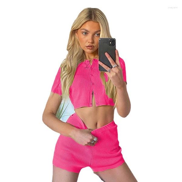 Survêtements pour femmes 2 pièces ensemble femmes été décontracté O cou manches courtes bouton haut court fille sport loisirs costumes 3XL ensembles de shorts surdimensionnés