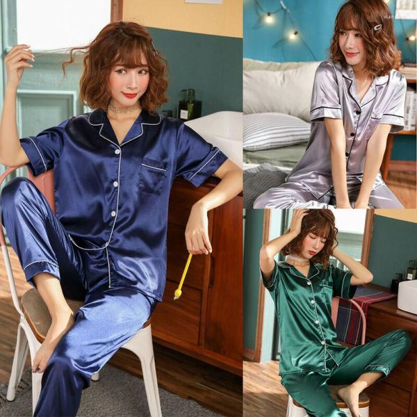 Chándales de mujer de 2 piezas, pantalones sexis de manga larga de satén, conjuntos de noche suaves y suaves, ropa de dormir básica informal, verano sólido