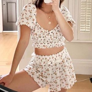 Tracksuits voor dames 2 stuks Set Sexy Women Floral Print Tie Bow Crop Top Vakantie Elastische Ruches Zom Wood Ears Mini Shorts Pants Korte Mouw