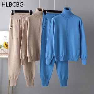 Women's Tracksuits 2 Pieces Set Women Knitted Tracksuit Turtleneck Sweater Carrot Jogging Pants Pullover Sweater Set CHIC Knitted Outwear 230221