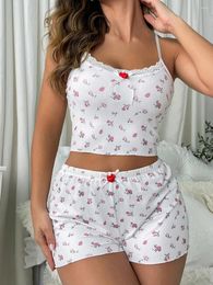 Dames Trainingspakken Jaren 2000 Retro Kawaii Meisjeoutfits Y2K Bloemenprint Kanten rand V-hals Camis Crop Tops Shorts Pyjama Dames 2-delige set