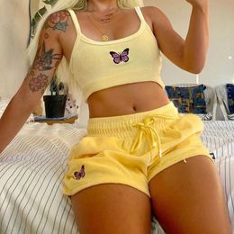 Chándales de mujer 2021, Top corto de terciopelo amarillo y pantalones cortos, conjunto de 2 piezas para mujer, camisola con bordado de verano, ropa de descanso con cordón para mujer, traje