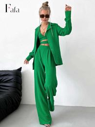Chándales de mujer 2022 Blazer de otoño Conjunto de 3 piezas Mujer Verde Casual Cintura alta Pantalones de pierna ancha Traje Moda Streetwear Blazer Ropa interior Trajes L230309