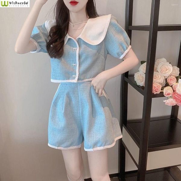 Chándales de mujer 2022 verano coreano azul moda muñeca cuello Top reducción de edad ocio pantalones cortos de pierna ancha elegante traje de mujer