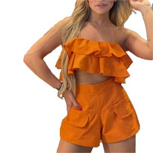 Chándales de mujer 2022 verano Sexy pantalones cortos traje ropa Lotus Edge sujetador tirantes Top cintura alta bolsillo pantalones cortos elásticos