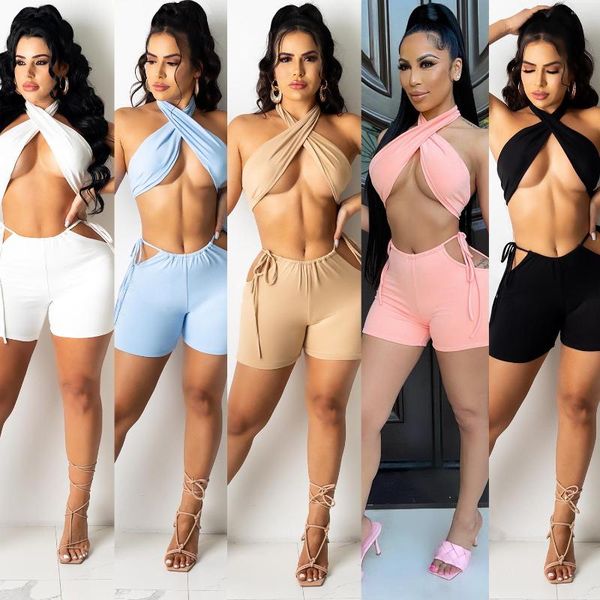 Trajes de mujer 2022 Summer Women's Lace Top Tie Up Plisado Shorts Set Mini Sexy Nightclub Boobs