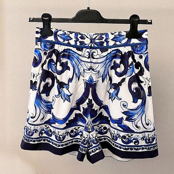 Trajes de mujer 2022 Mujeres de verano elegante azul y blanco porcelana impresión pantalones cortos conjuntos moda cultivo top chaleco cintura alta algodón pista tanque